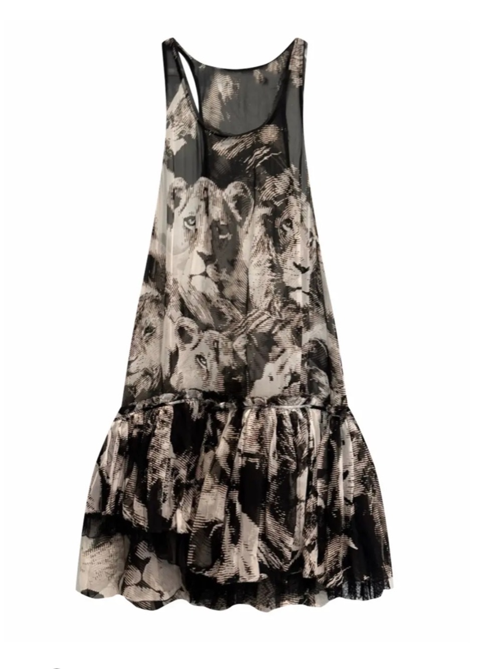 Roberto Cavalli Black and Cream Lion-Print Animal Tiered Silk Dress Size 40 US 8